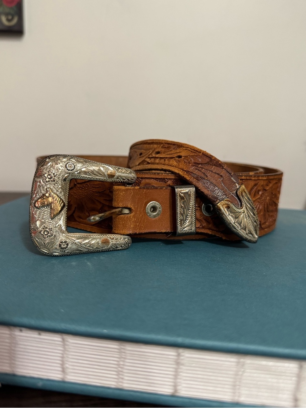 .925 Silver & 14k Vintage Western Buckle set with Tooled Leather Belt